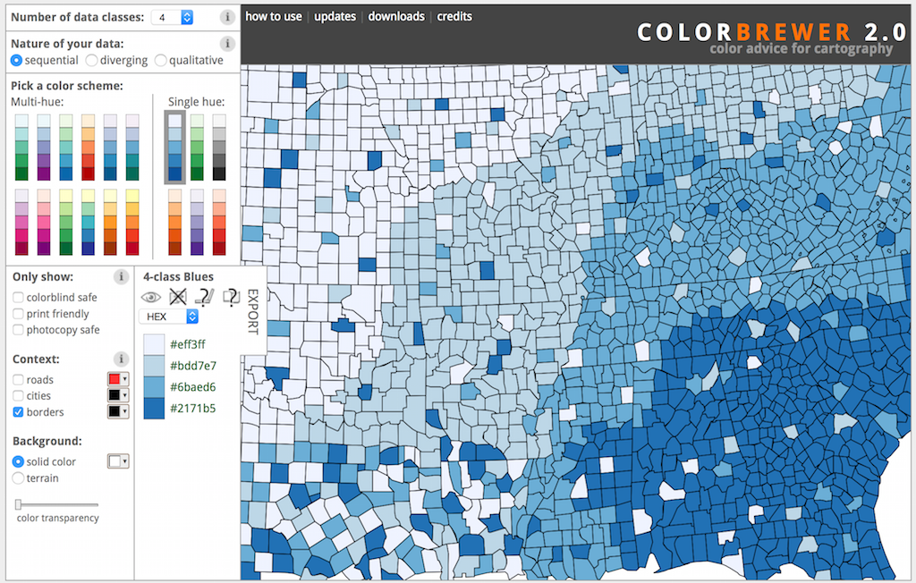 ColorBrewer using 4 data classes, sequential, and the blue single hue