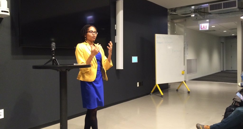 Adrienne Alexander tells Chi Hack Night what she does as a union lobbyist