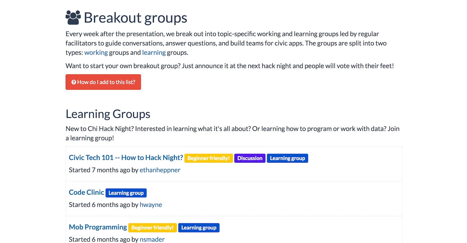 Chi Hack Night breakout groups page