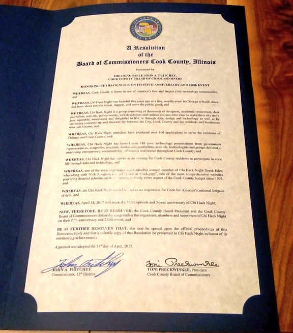 Cook County Board of Commissioners Resolution 17-2735 in honor of Chi Hack Night’s 5 Year Anniversary