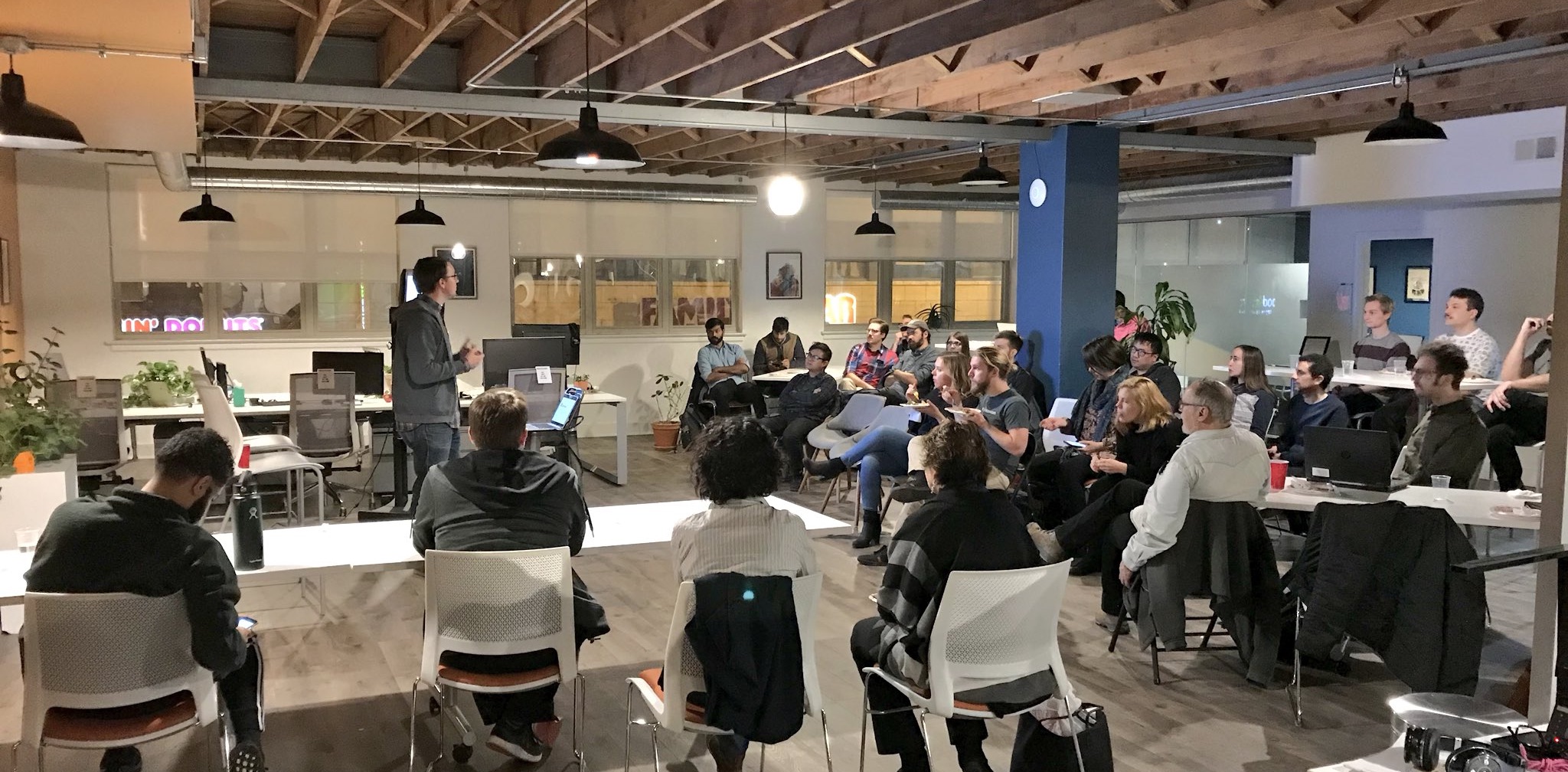 Derek Eder presenting a the first Logan Square Hack Night on November 8, 2017. Photo by Levi Baer