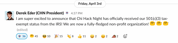 Chi Hack Night 501(c)(3) announcement on Slack