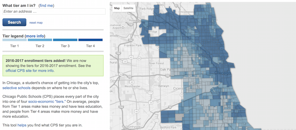 Chicago Public School Tiers, a lookup tool for selective school enrollment by Derek Eder and Forest Gregg of Open City