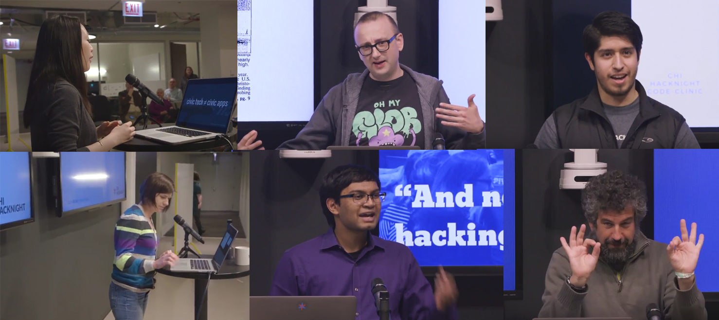 Chi Hack Night Lightning Talks! Cathy Deng, Eric van Zanten, Rene Paccha, Claire Micklin, Vinesh Kannan and Ben Galewsky.