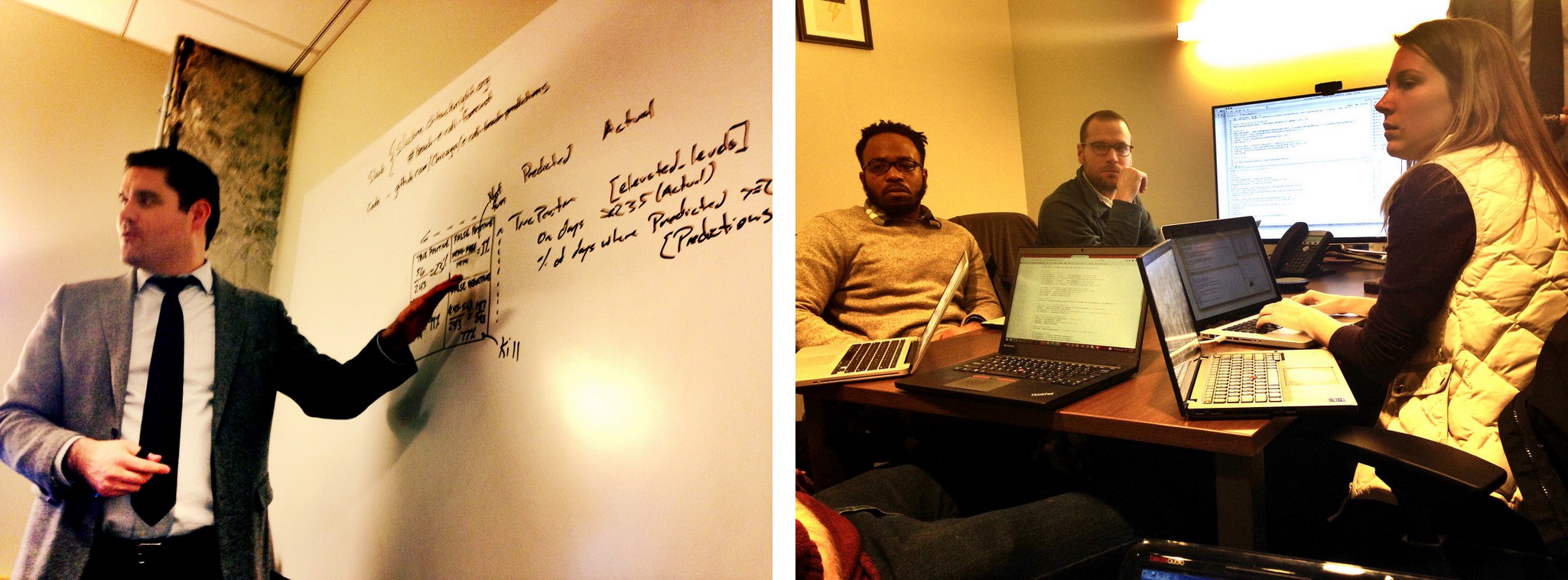 Left: Chicago CDO Tom Schenk leads a group of volunteer civic data scientists at Chi Hack Night.  Right: Part of the 'beach group' at Chi Hack Night.  February 2016. 