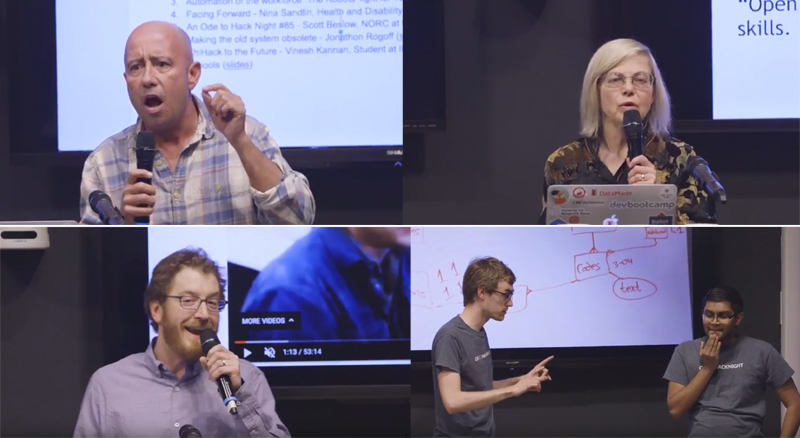 From the top left: Cook County Commissioner John Fritchey, Nina Sandlin, Andy Rasmussen and Vinesh Kannan and Scott Beslow at the Chi Hack Night 5 year anniversary.