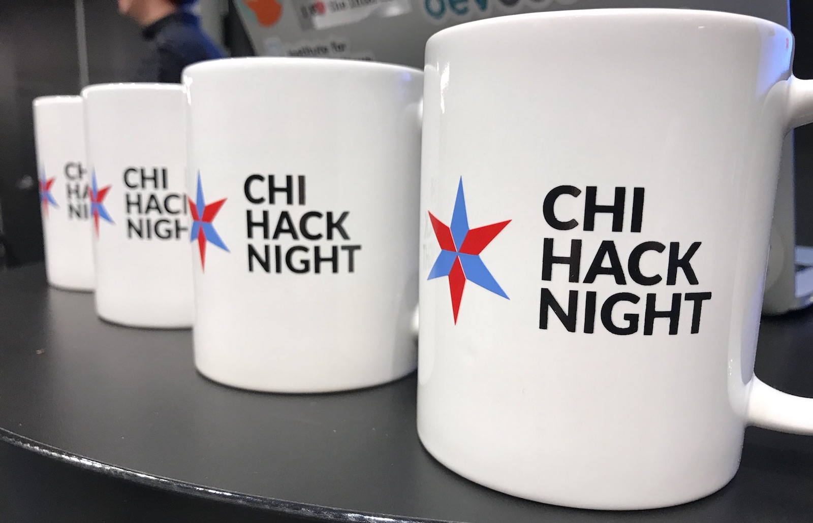 Chi Hack Night mugs, waiting to be gifted to our presenters. Photo by Ryan Koch