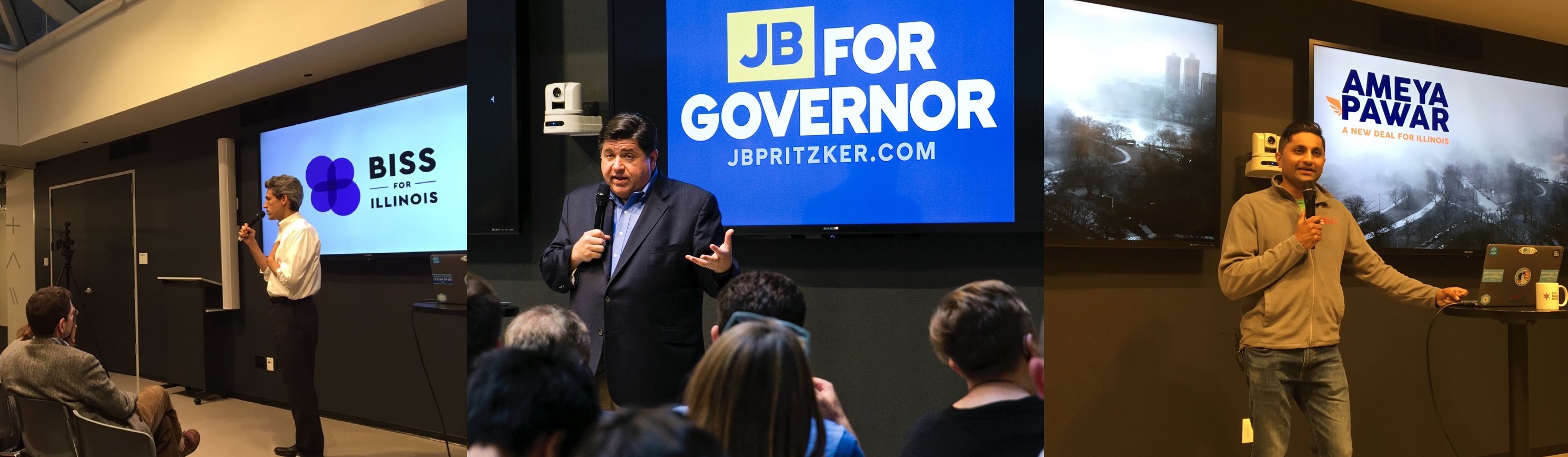 From the left: Candidates for Illinois Governor: Sen Daniel Biss, JB Pritzker and Ald Ameya Pawar