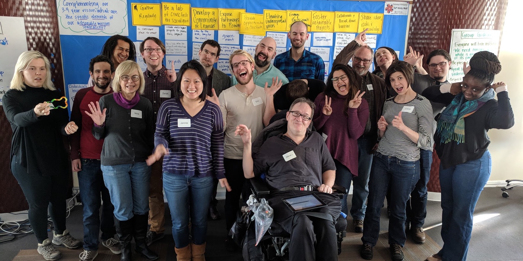 From the left: Emily Drevets, Josh Kalov, Cameron Sow, Nina Sandlin, Derek Eder, Jannie Lung, Karl Fogel, Eric Sherman, Jonathon Rogoff, Steve Luker, Steven Vance, Reshmi Hazra, Steve Ediger, Kristi Leach, Claire Micklin, Jack Thorne, Rose Afriyie. Not pictured: Tom Schenk, Soren Spicknall.