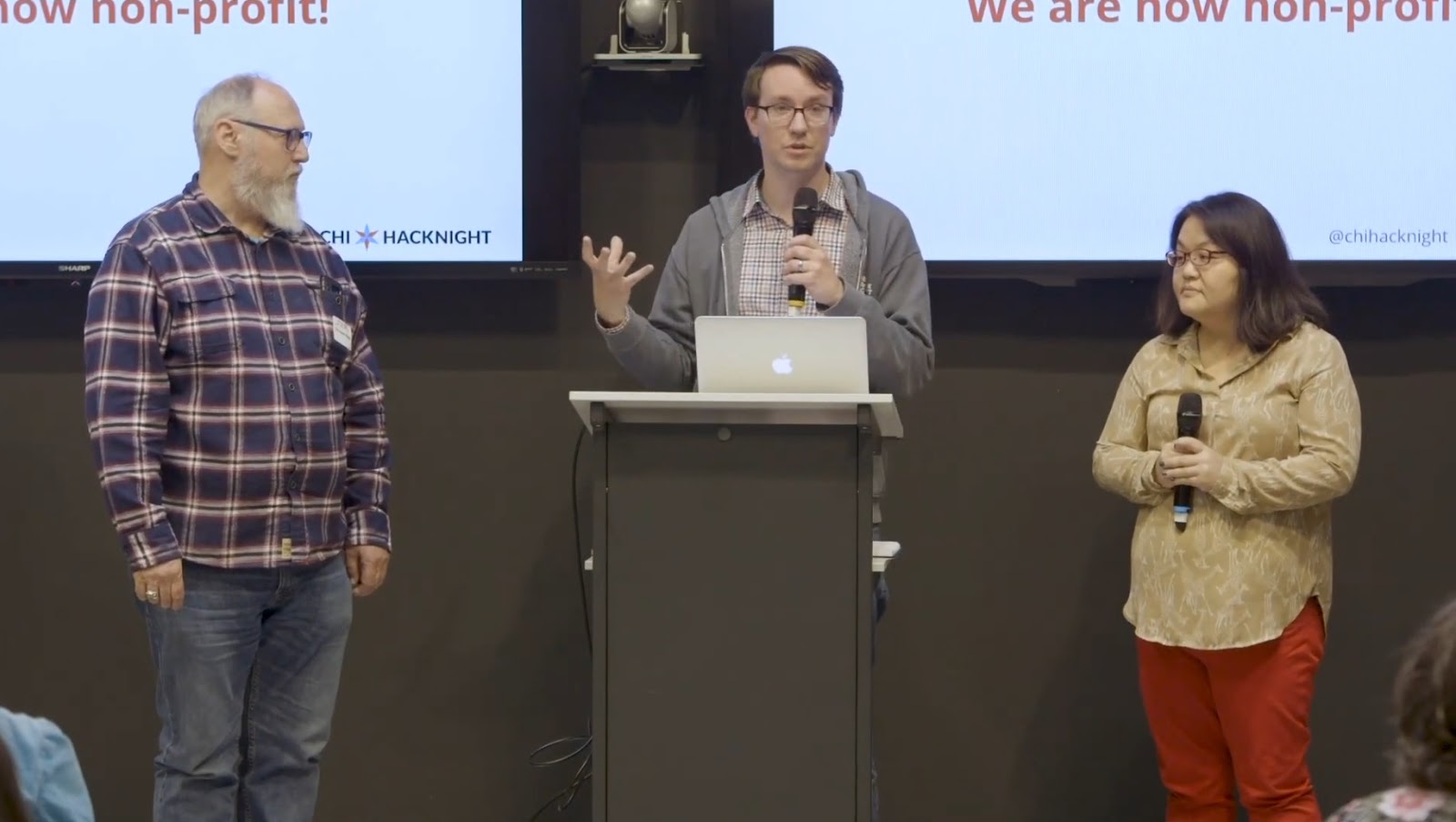 Chi Hack Night Board Members Steve Ediger, Derek Eder and Mieko Furuhashi