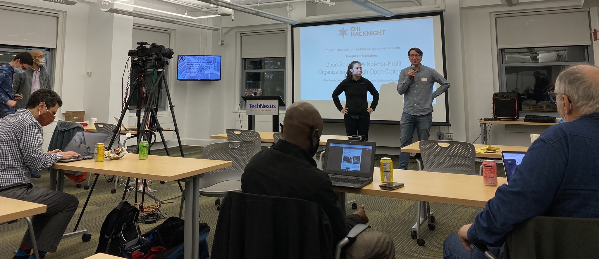 Emily Drevets and Derek Eder co-hosting our first in-person hack night on Nov 16, 2021