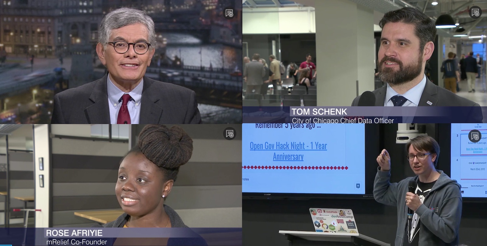 From the top left clockwise: Chicago Tonight host Phil Ponce, Chicago CDO Tom Schenk, Chi Hack Night Co-Founder Derek Eder, mRelief CEO Rose Afriyie